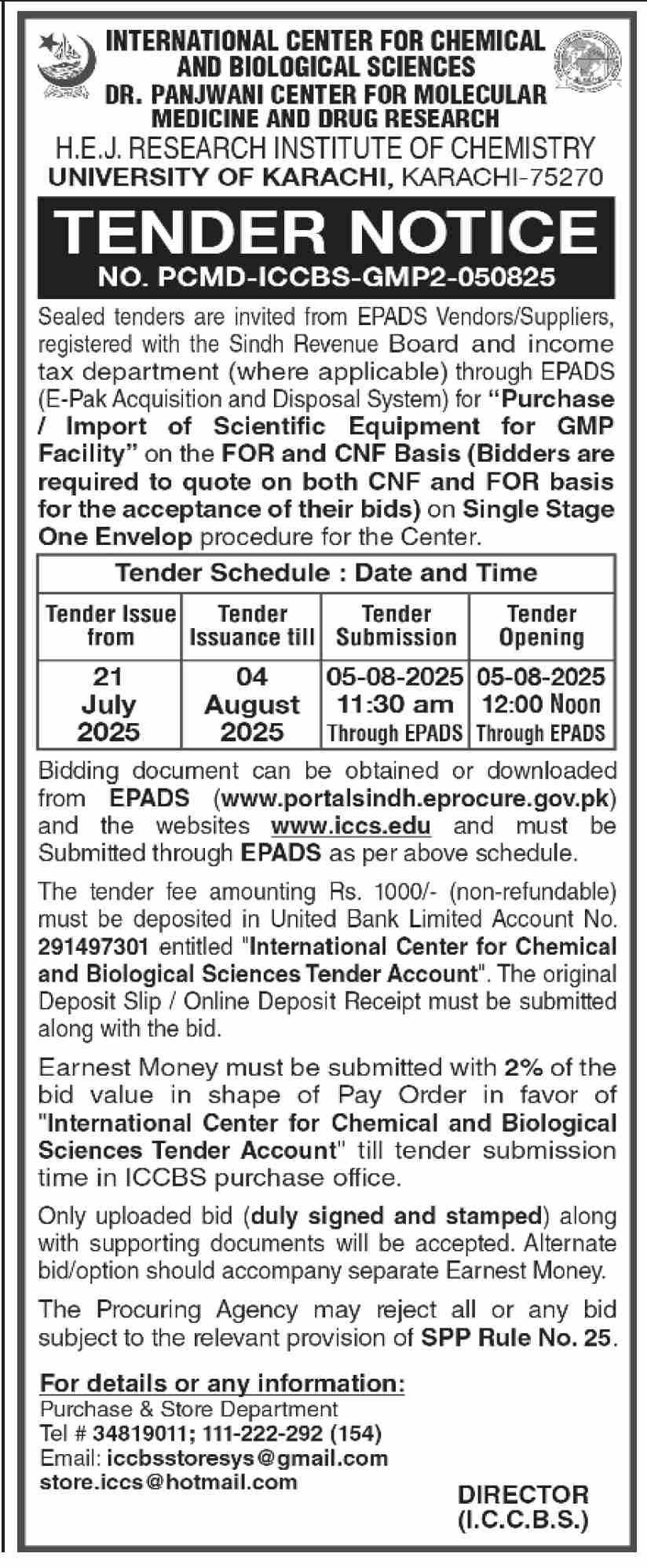 International Center for Chemical & Biological Sciences Karachi Tender Notice-1